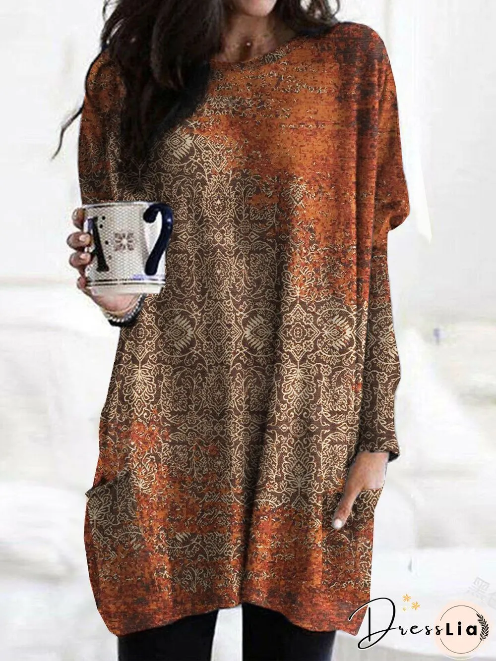 Ethnic Printed Crew Neck Casual Patchwork Pockets Plus Size Tops