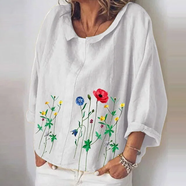 Cotton Linen Women Blouses Summer Long Sleeve Florals Animal Print Blouse Shirts Turn-down Collar Loose Female Blusa Tosp 5XL