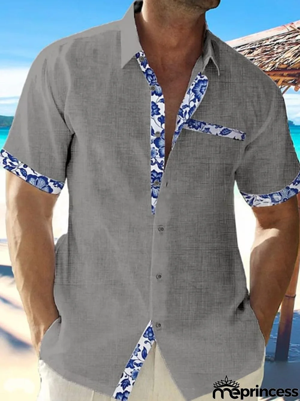 Floral-Print Contrast-Panel Casual Shirt