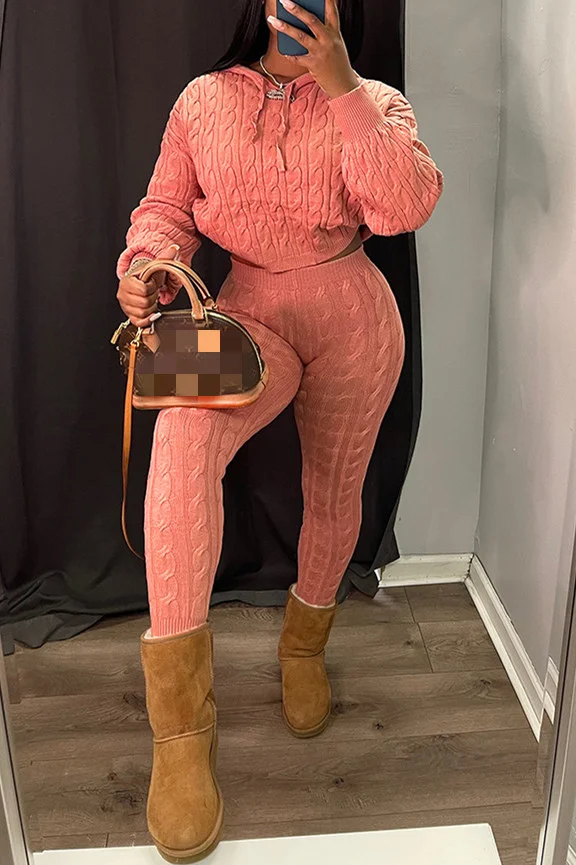 Pink Casual Solid Patchwork Hooded Collar Long Sleeve Two Pieces | EGEMISS