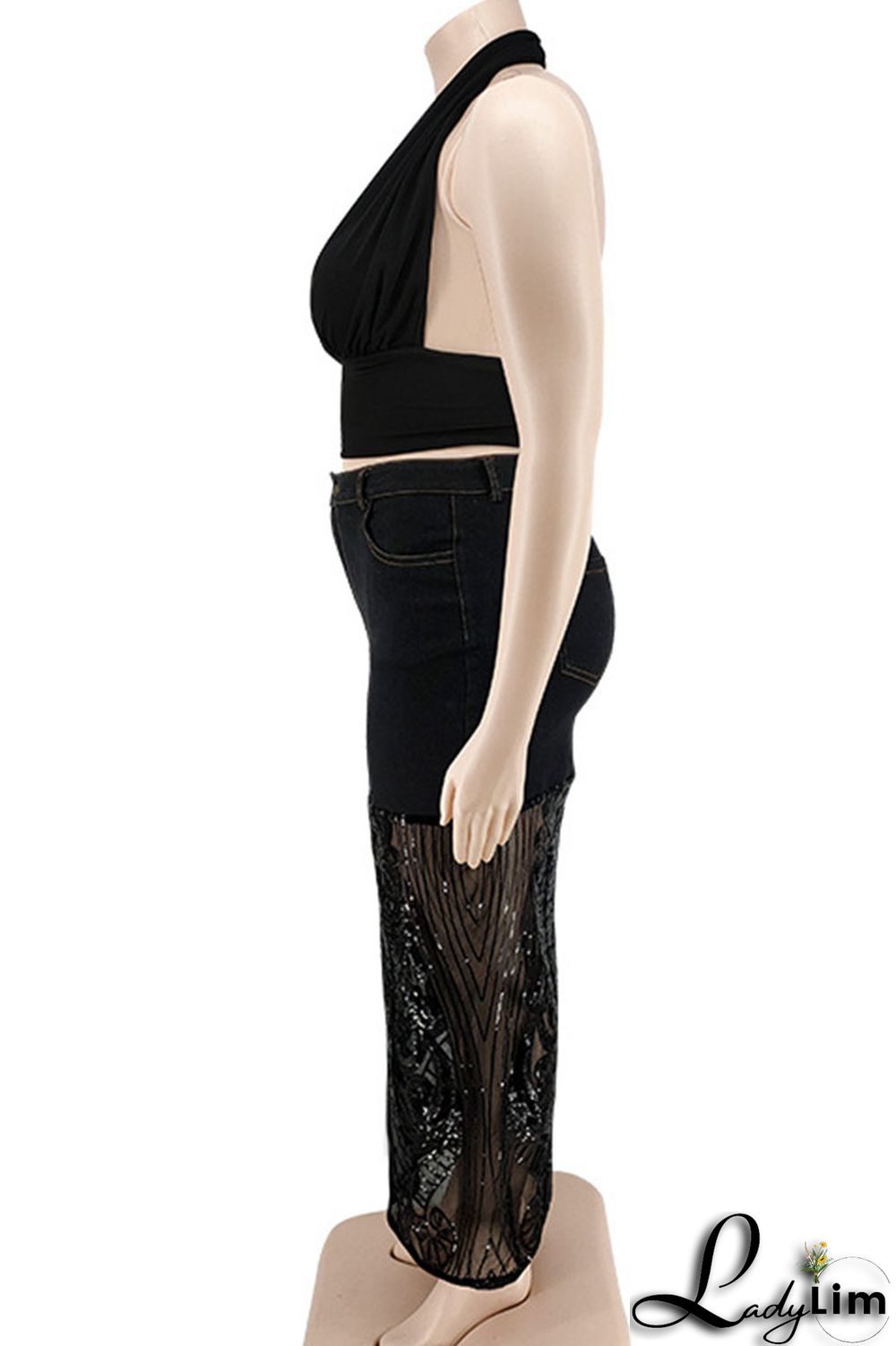 Deep Blue Sexy Solid Embroidered Sequins Patchwork High Waist Denim Skirts