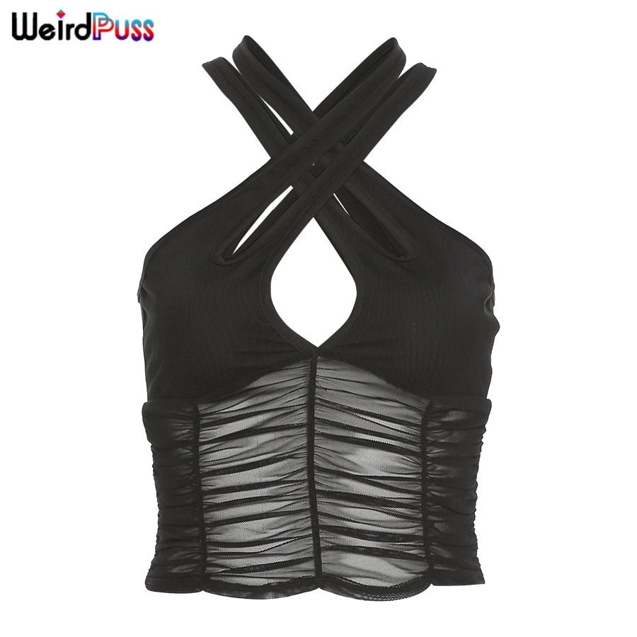 Weird Puss Y2K Sexy Hollow Women Halter Tank Tops Sleeveless Ruched Patchwork  Mesh Camisole  Clubwear Fashion Solid Vest Outfit