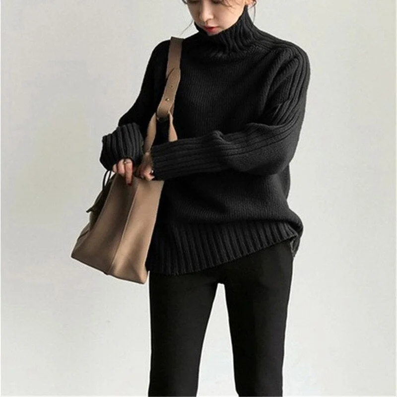 Bornladies 2022 Autumn Winter Loose Turtleneck Pullover Basic Warm Sweater for Women Korean Soft Kniited Solid Sweater Tops