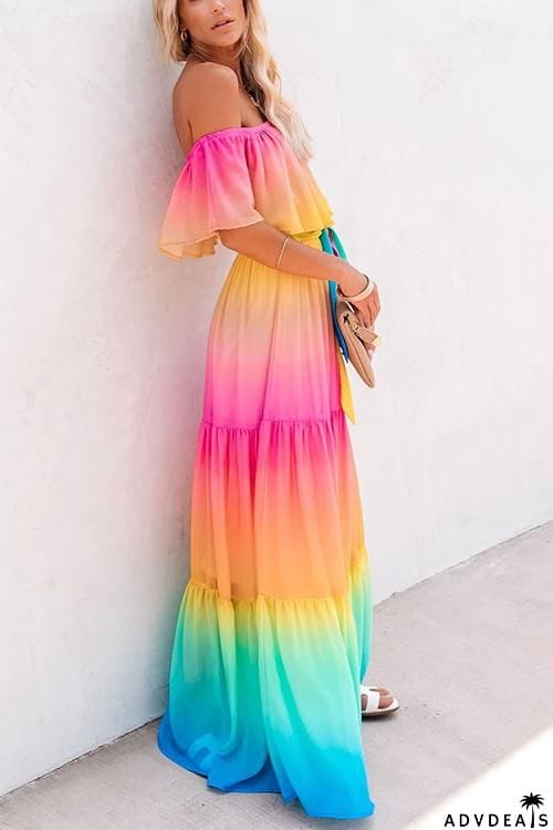 Gradient Off Shoulder Belted Maxi Dress