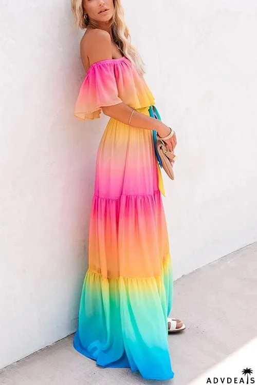 Gradient Off Shoulder Belted Maxi Dress