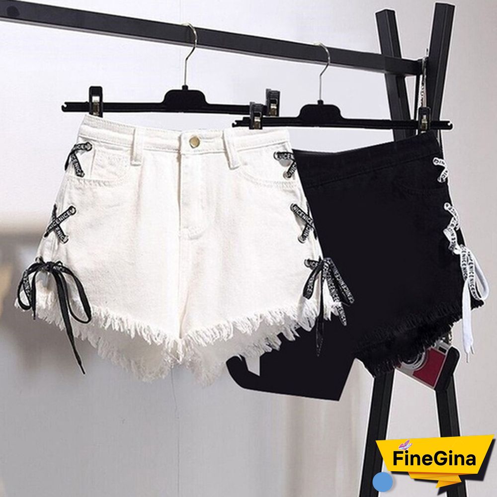 Women Fashion Raw-strap High-waist Denim Shorts with Loose Skinny Plus Size Pants