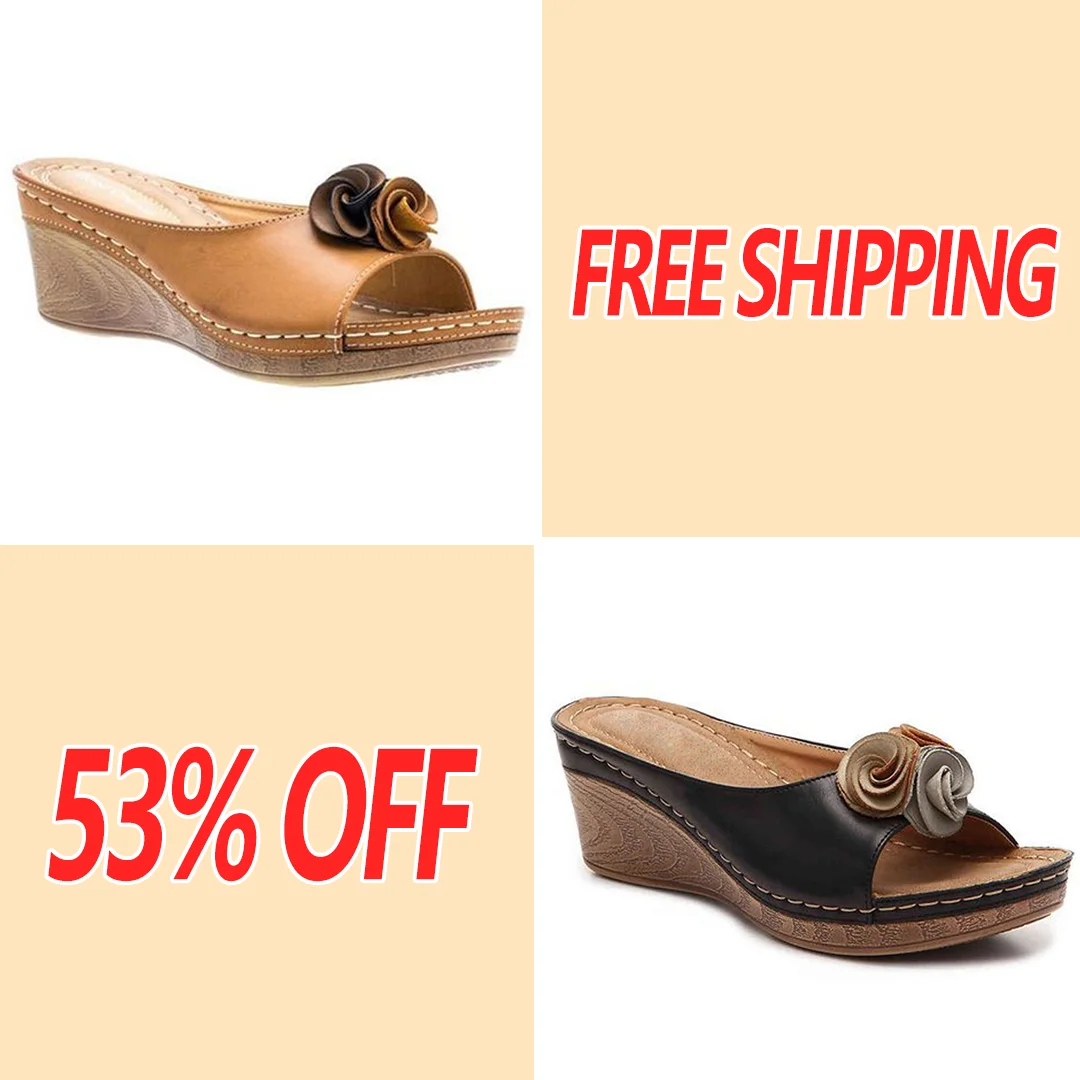 Womens Comfy Leather Solid Flower Strap Wedge Sandals