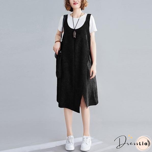 sleeveless plus size corduroy vintage women casual loose midi autumn spring elegant party dress clothes