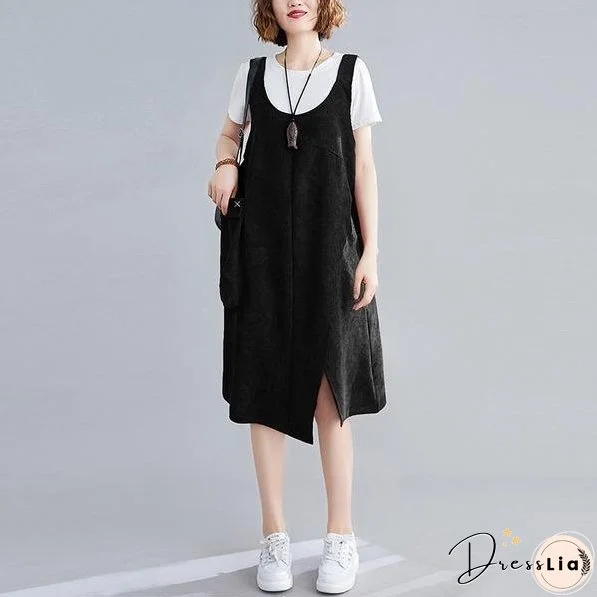 sleeveless plus size corduroy vintage women casual loose midi autumn spring elegant party dress clothes
