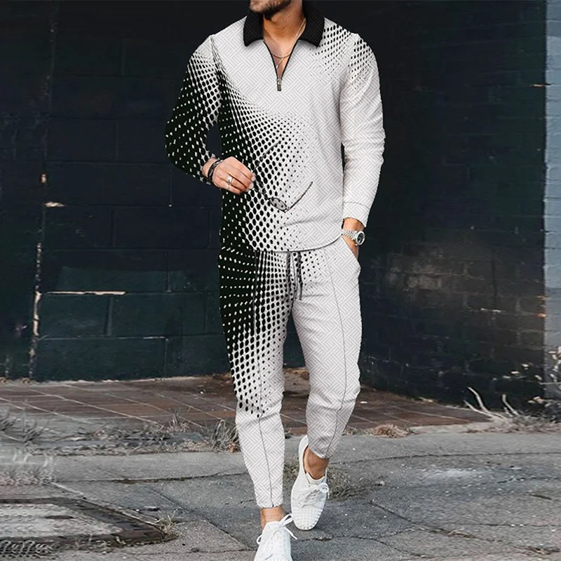 Men's Gradient Casual Long Sleeve Polo Shirt And Pants Two Piece Set