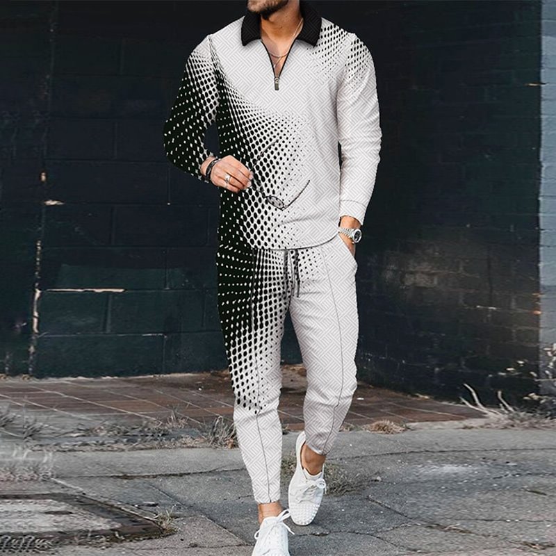 Men's Gradient Casual Long Sleeve Polo Shirt And Pants Two Piece Set