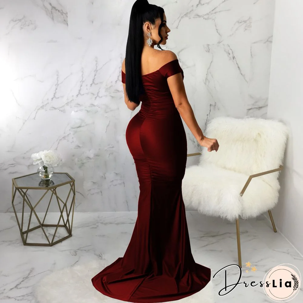 Low Cut Slash Neck Ruched Split Maxi Cocktail Dresses