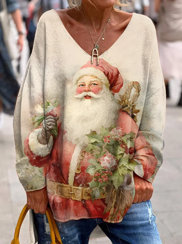 Vintage Pink Santa Floral Print V Neck Top