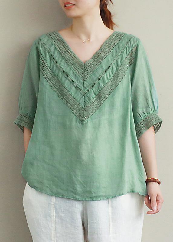 VCSHOES v neck half sleeve linen tunic top Photography green hollow out tops