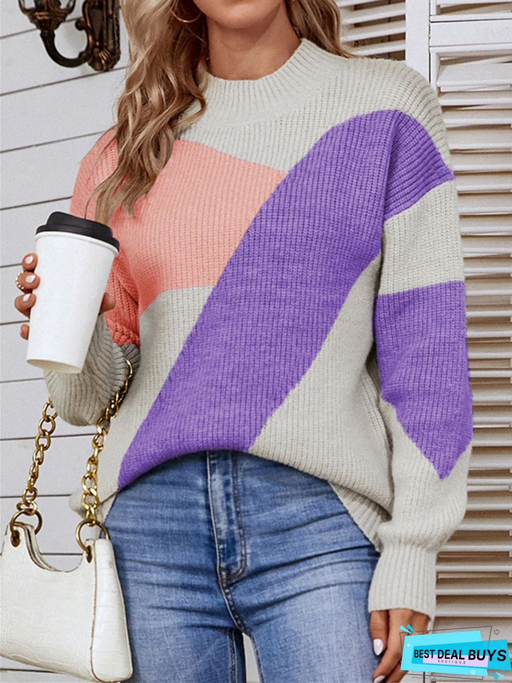 Commuter Semi-Turtleneck Color Matching Knitted Sweater