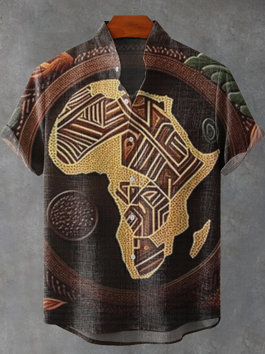 Vintage Abstract African Geometric Map Painting Art Print Casual 100% Cotton Shirt