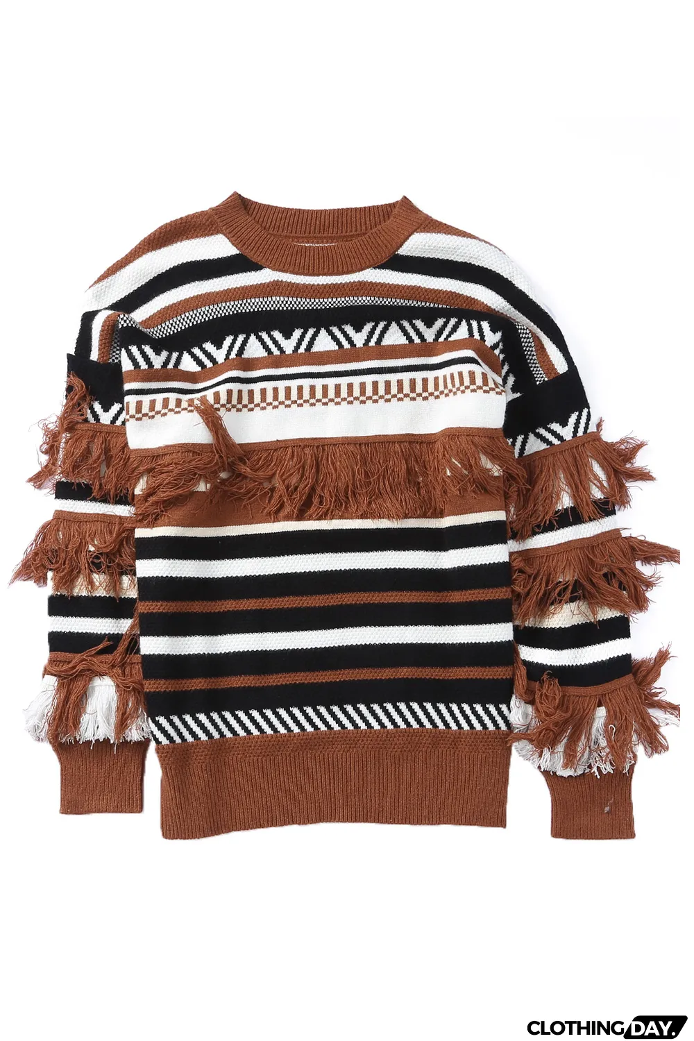 Multicolor Round Neck Striped Sweater with Fringe
