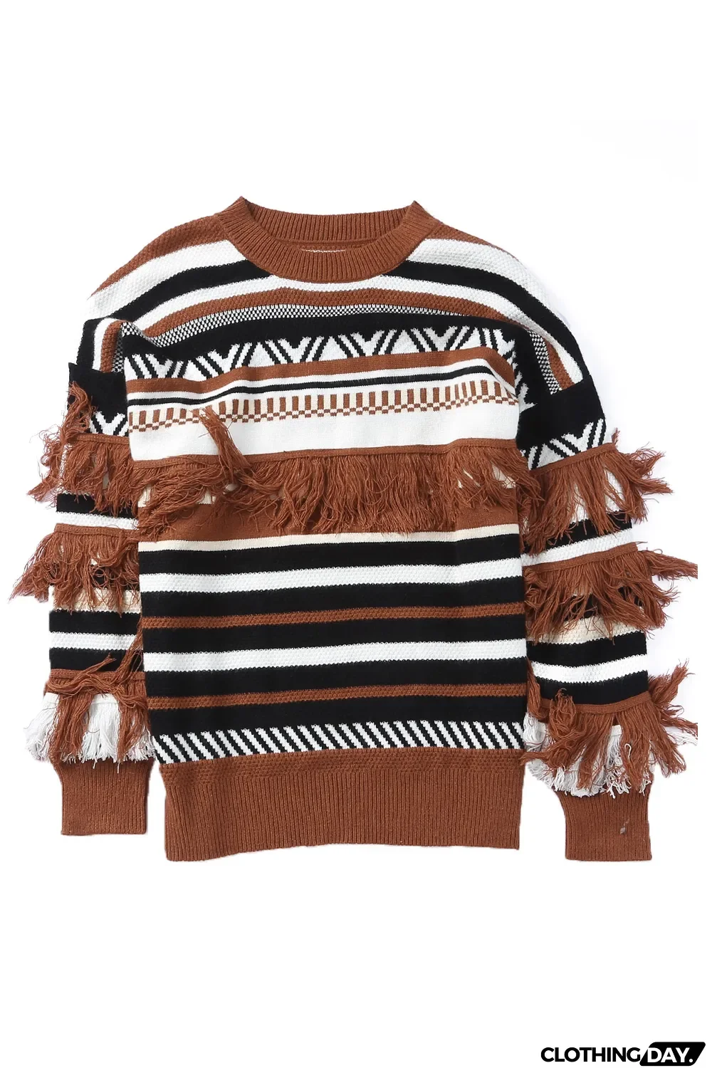 Multicolor Round Neck Striped Sweater with Fringe