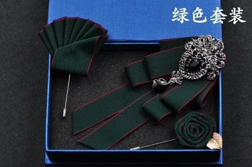 High-quality Fashion Handmade Red Diamond Bow Tie Wedding Collar Bowtie Brooch Pocket Towel Square Set Gifts for Men Accessories