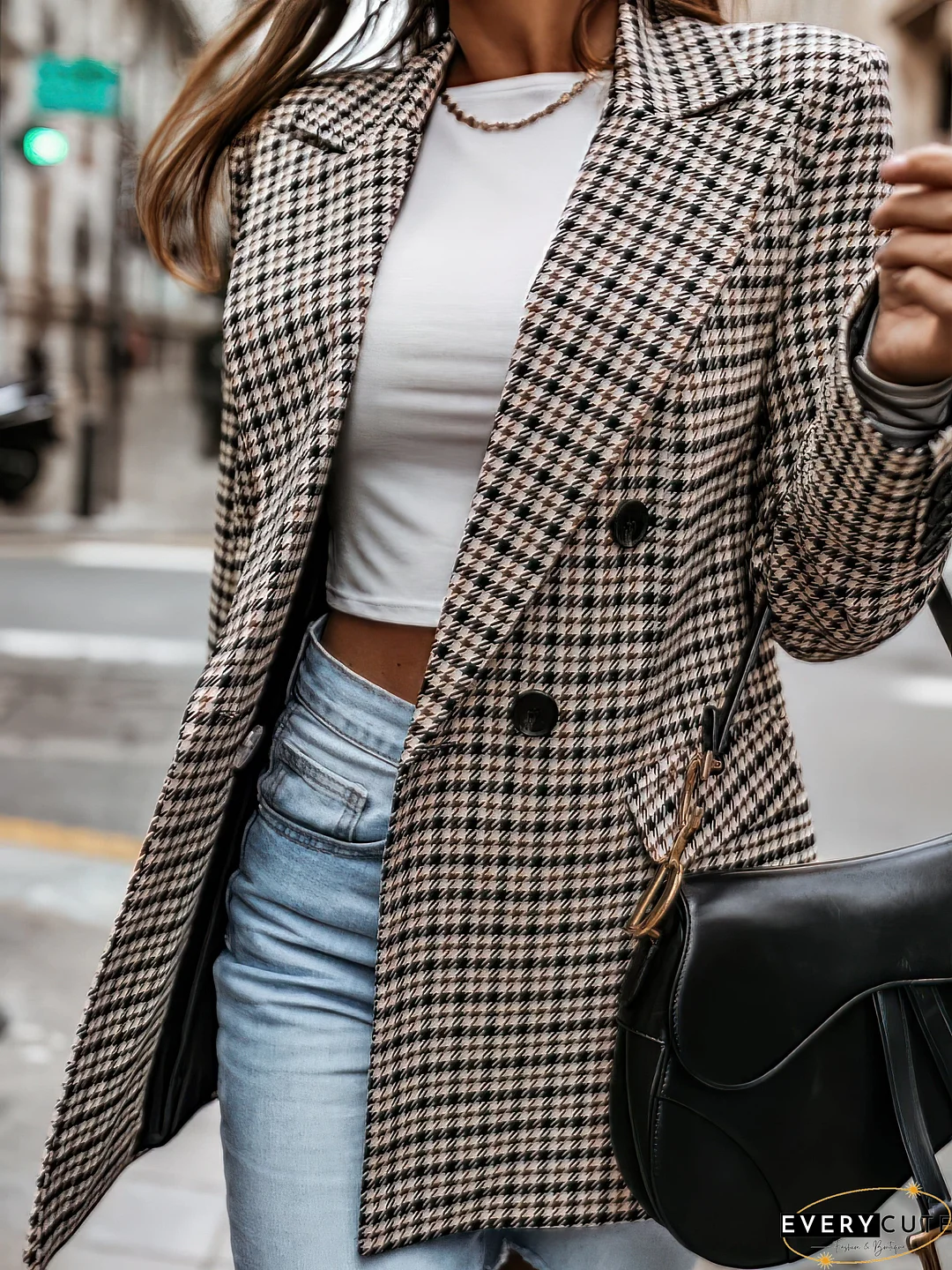 Double-Breasted Houndstooth Blazer