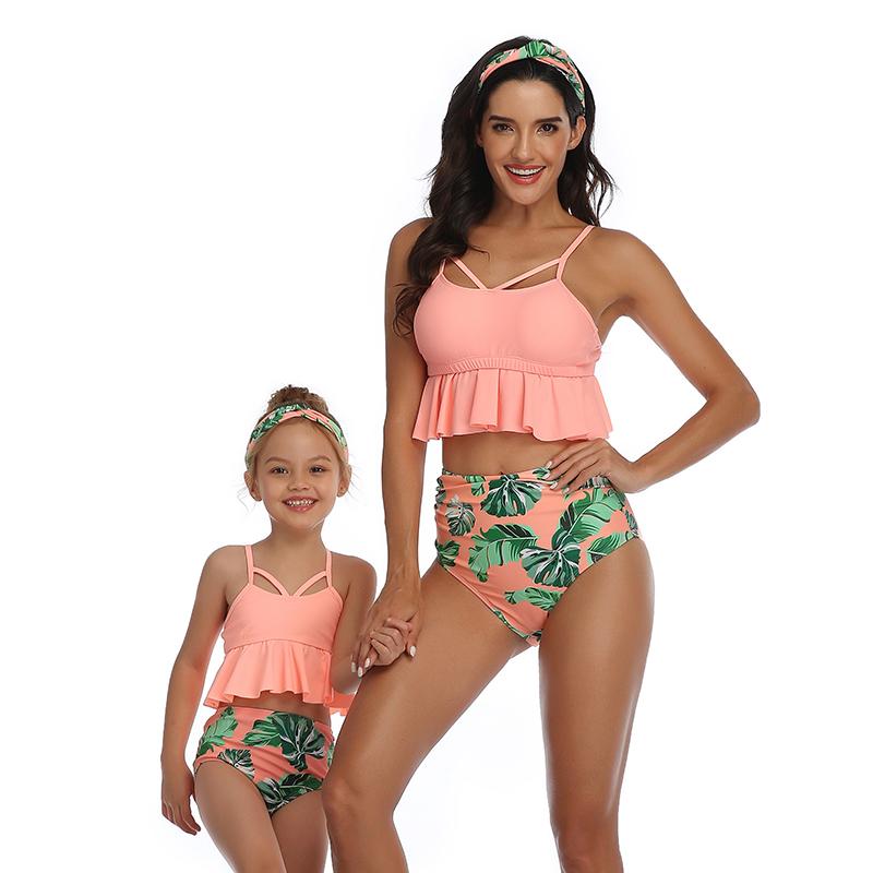 Flounce Mesh Swimsuits for Mommy and Me (Without headdress)-J2001-Orange