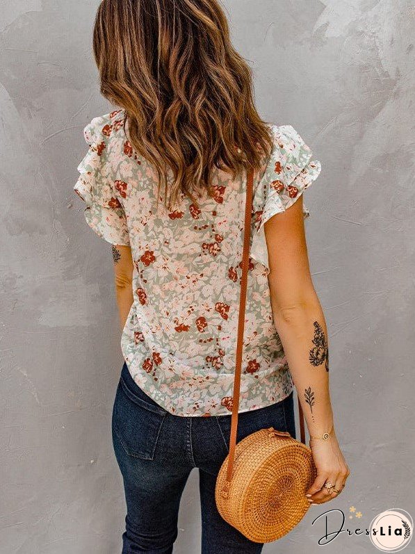 Feifei Floral Chiffon Printed Round Neck Shirt For Women