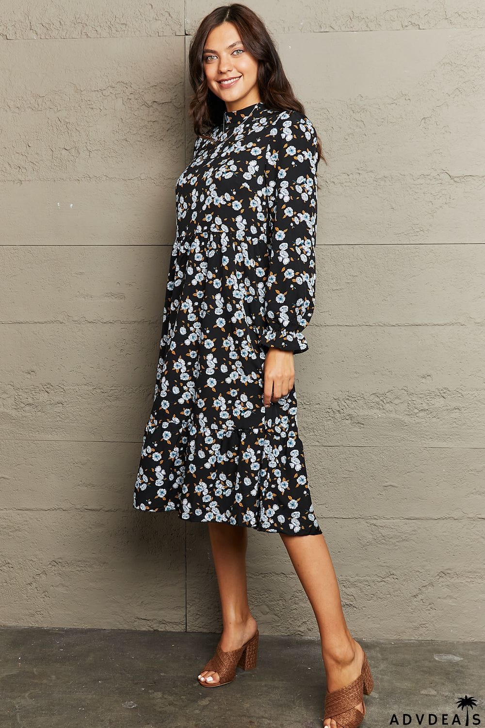 Printed Round Neck Flounce Sleeve Dress