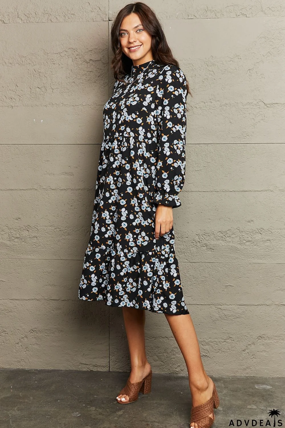 Printed Round Neck Flounce Sleeve Dress