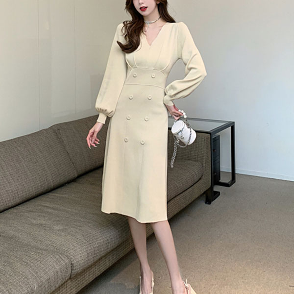 褒められワンピース Ｖネック 長袖 レディース服 ファッショナブルワンピース
