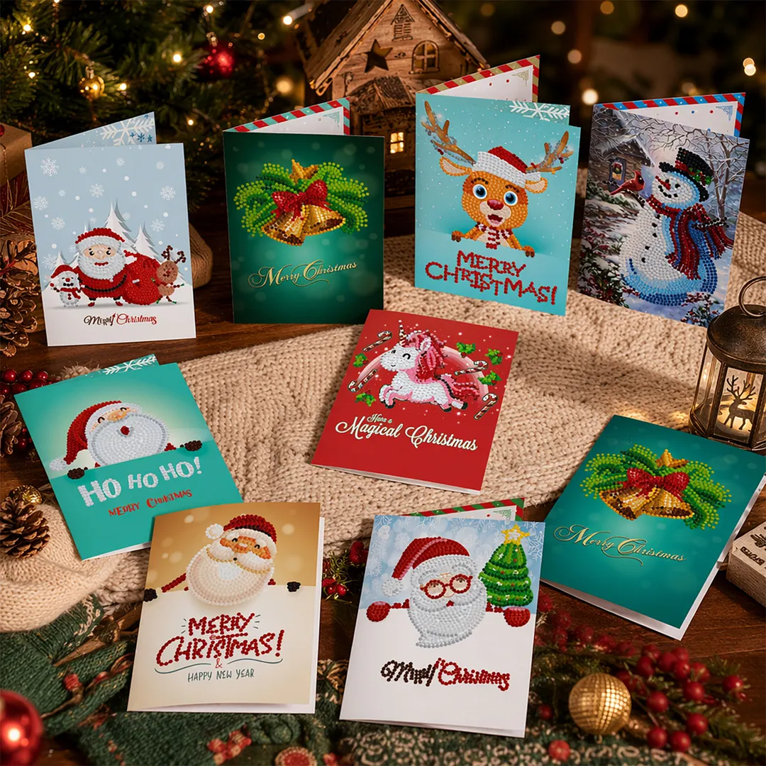 8PCS Christmas DIY Diamond Painting Greeting Card Kits with Envelopes Diamond Art Greeting Cards Diamond Art Cards Kits for Adults DIY Crafts Family Friend Gifts