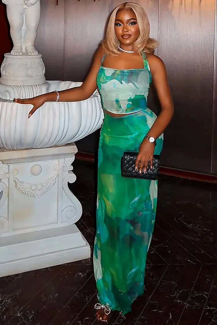 Abstract Print Halter Crop Top Bodycon Maxi Skirt 2pcs Set-Green