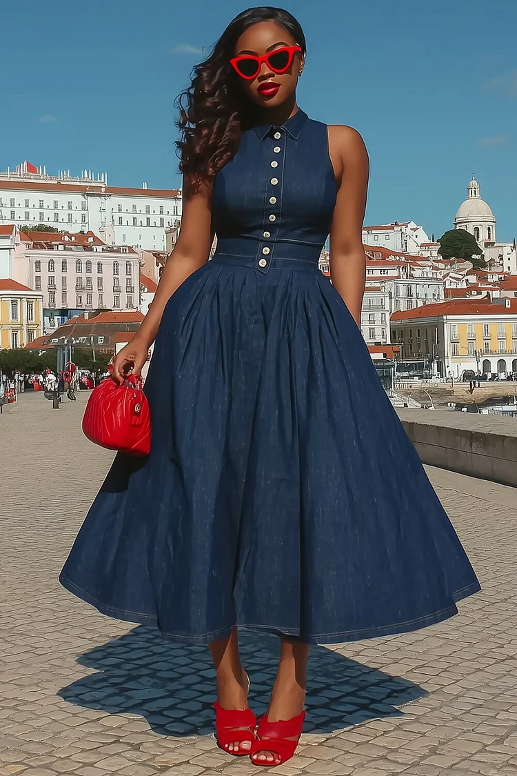 Button Up Sleeveless A-Line Daily Denim Midi Dresses-Blue [Pre Order]