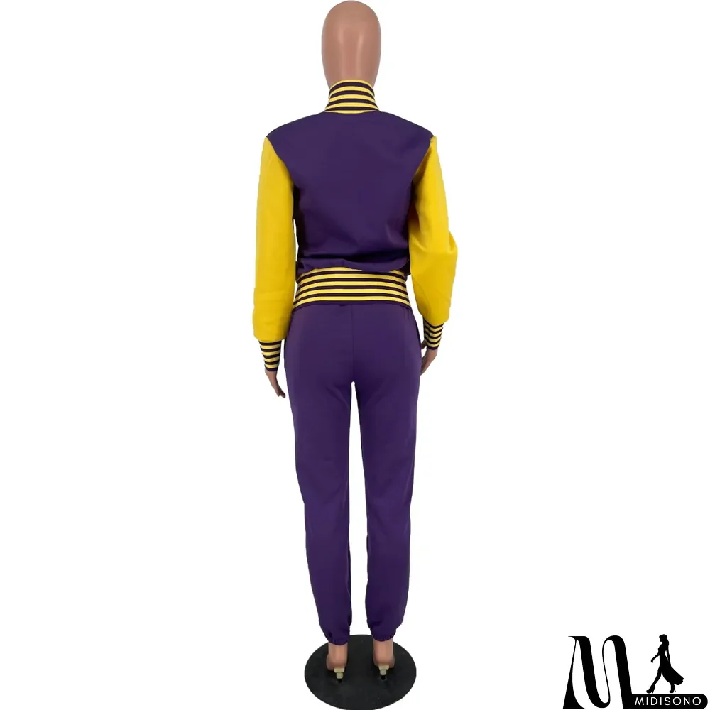 MidiSono - Women Letter Baseball Jacket and Pant Two-Piece Set