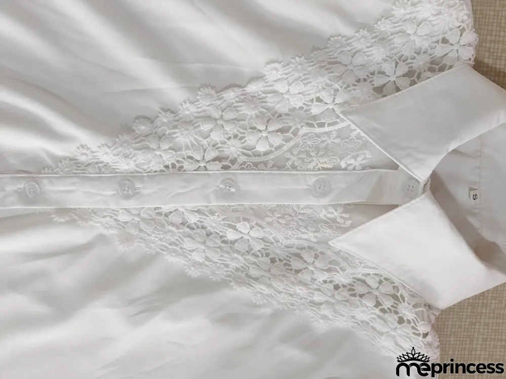 Fall White Mesh Patch Button Up Long Sleeve Formal Blouse