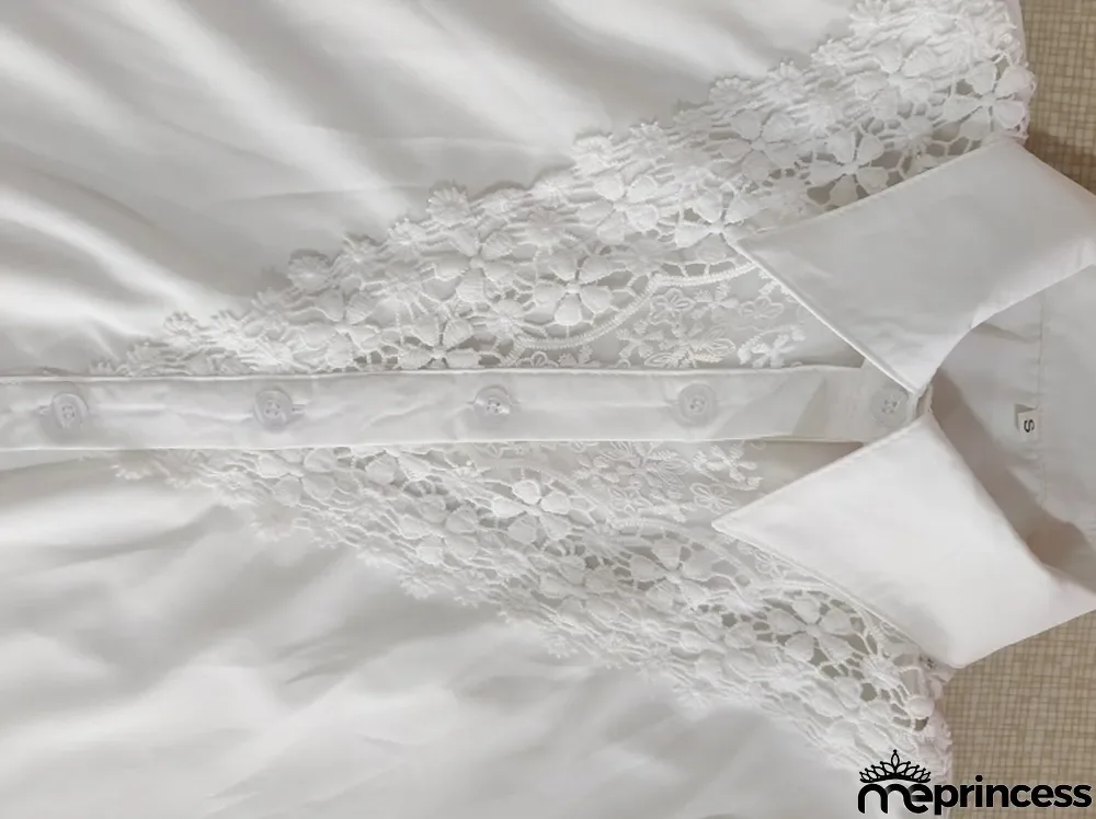 Fall White Mesh Patch Button Up Long Sleeve Formal Blouse