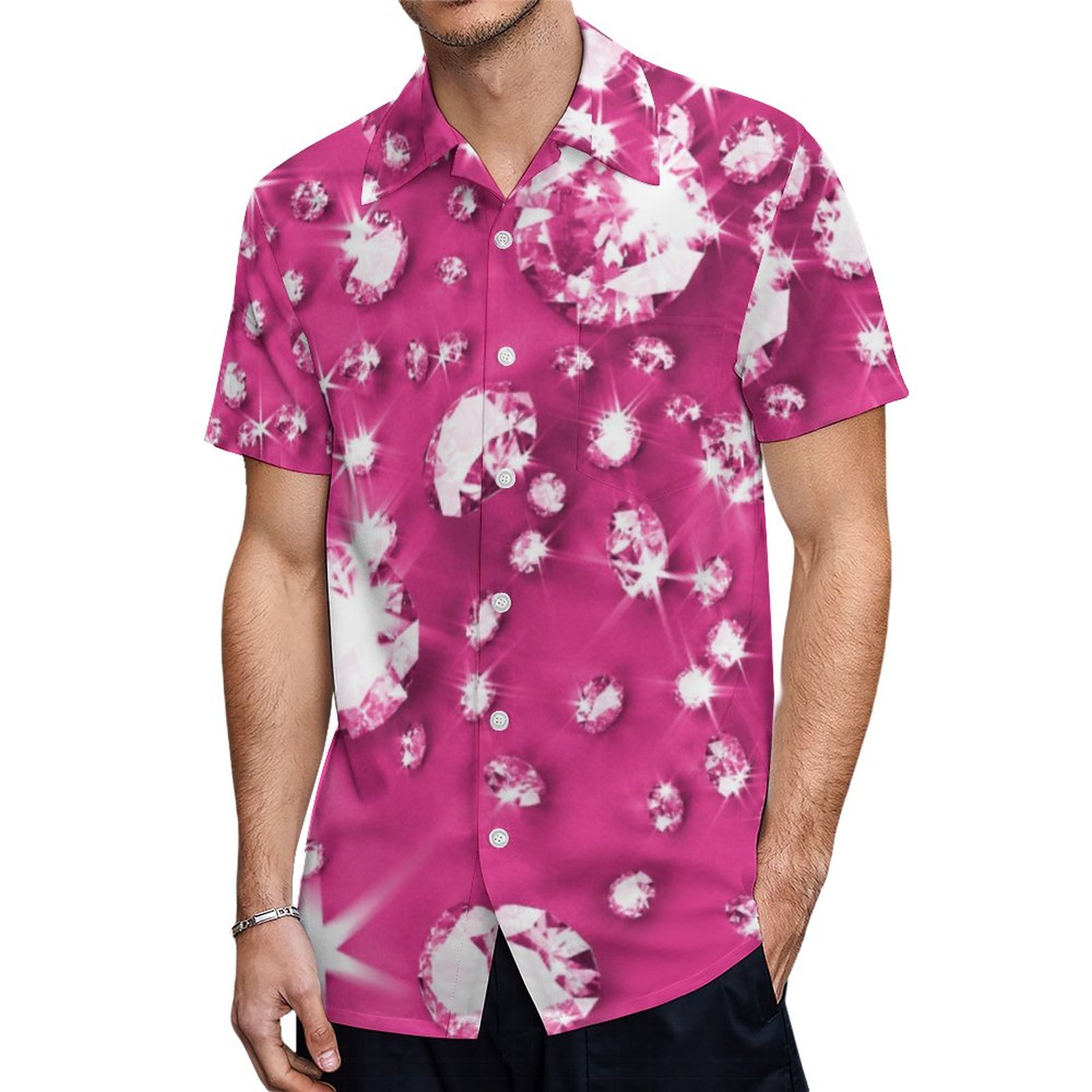 Glam Pink Diamond Jewels Patterned Hawaiian Shirt Mens Button Down Plus Size Tropical Hawaii Beach Shirts