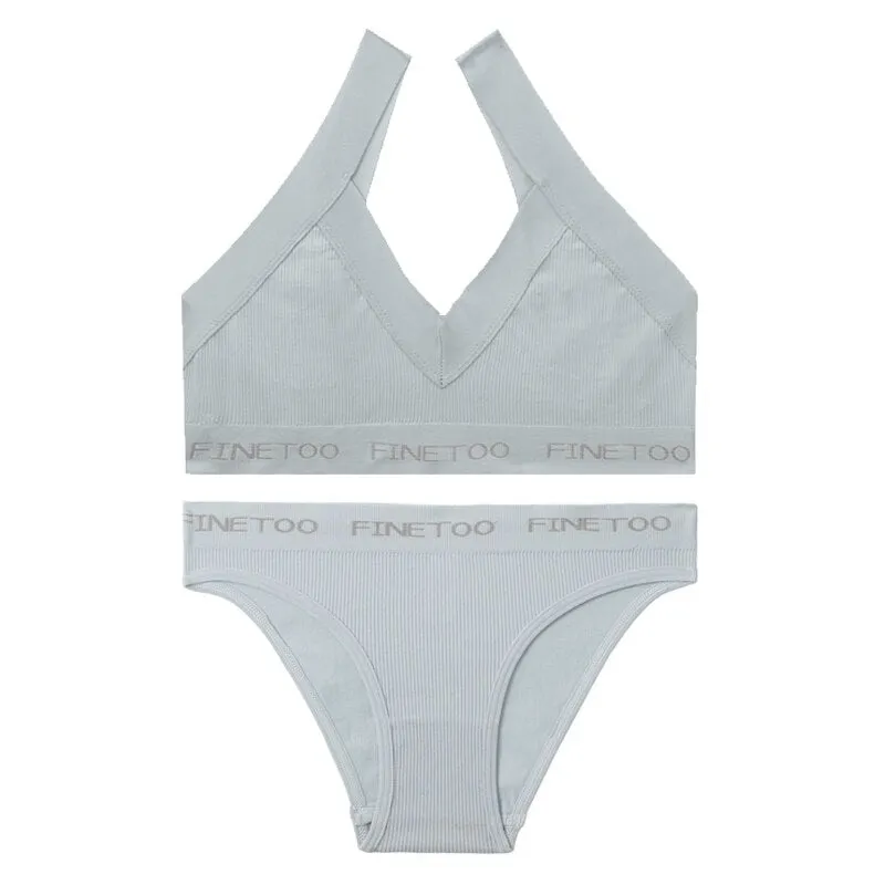 FINETOO Seamless Bra Set Women Deep V Tops Fashion Letter Panties M-XL Ladies Underwear Suit Tube Top Female Briefs Lingerie Set