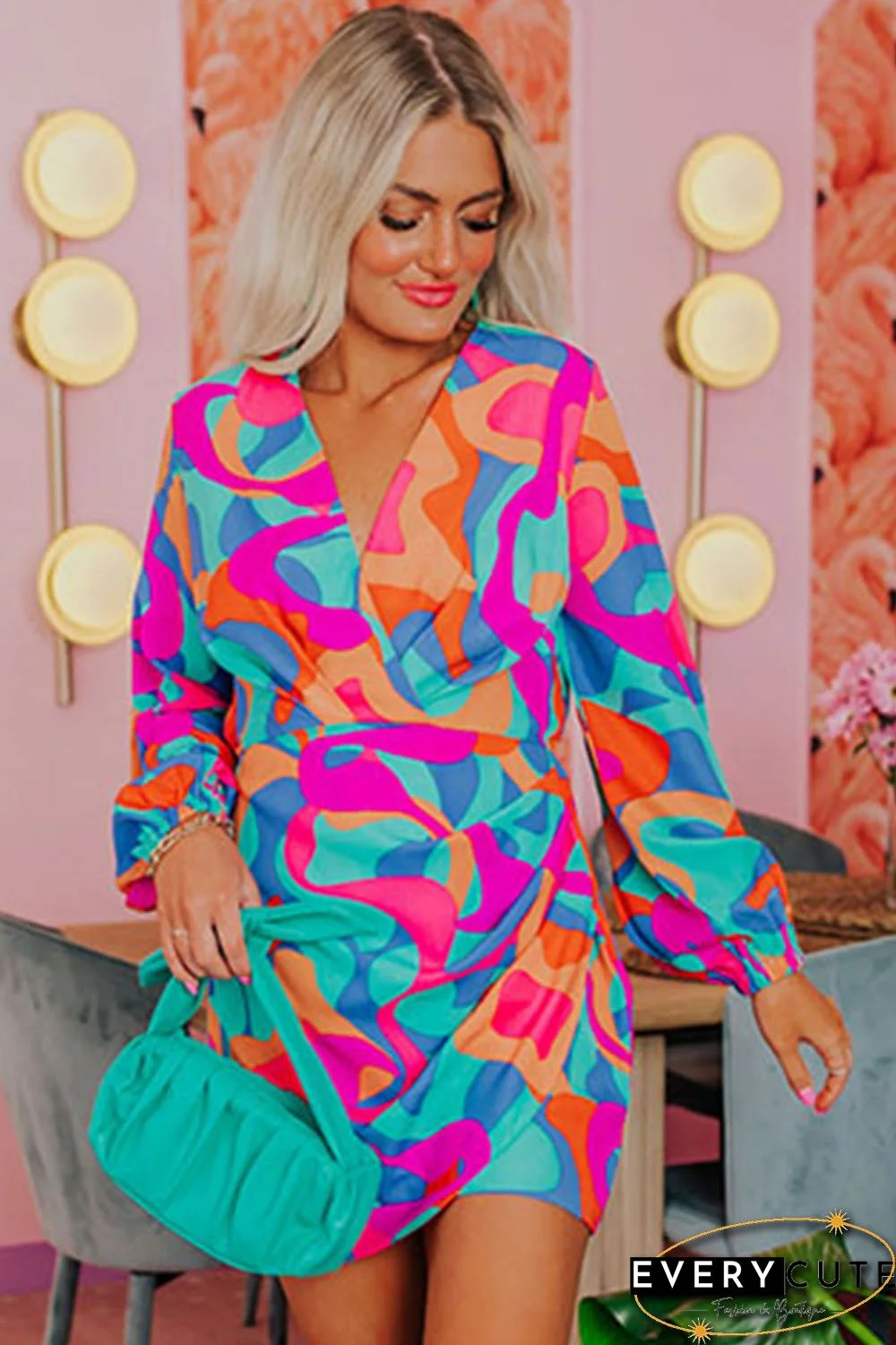 Multicolor Abstract Print Wrap V Neck Puff Sleeve Dress