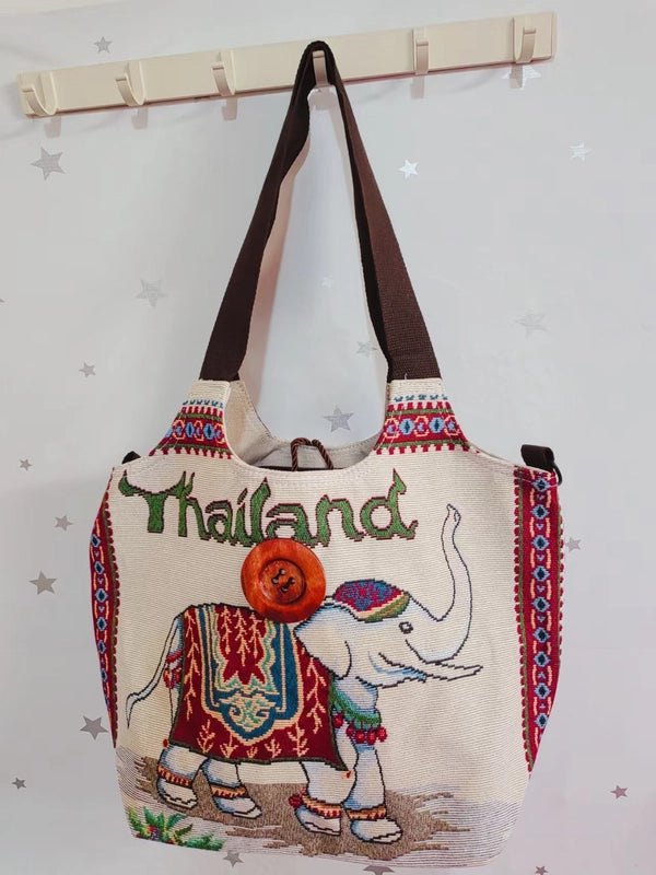 Women’s Large Canvas Elephant Ethnic Style Square Zipper Shoulder Bag
