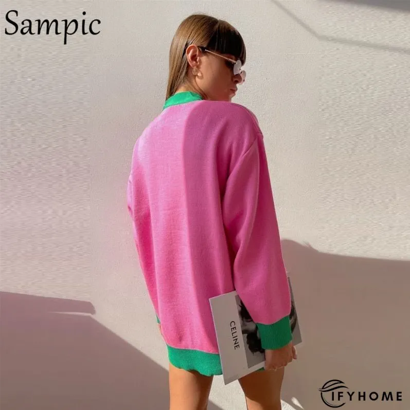 Christmas Gift Sampic Loose Patchwork Knitwear Winter Women Cardigans Tops Oversized Long | IFYHOME