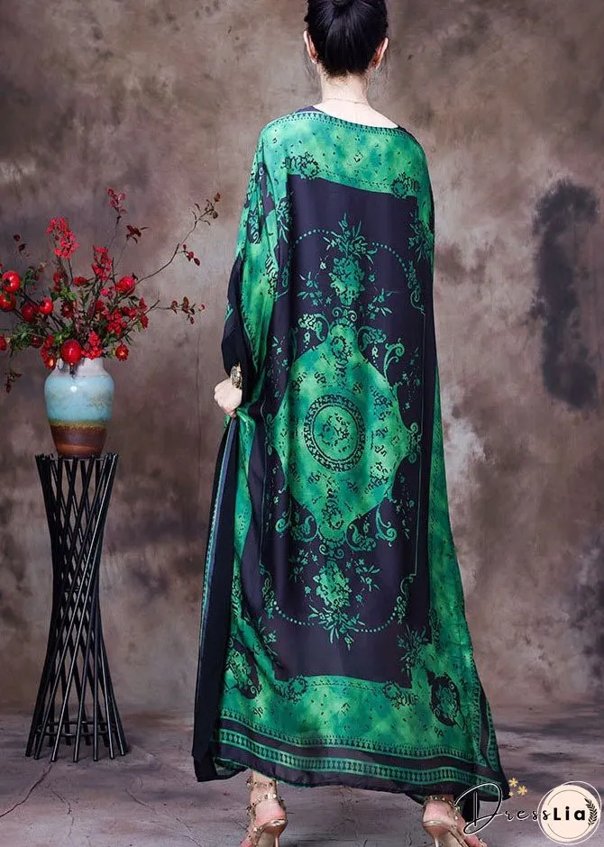 Loose Green O-Neck Asymmetrical Design Print Silk Beach Dress Gown Batwing Sleeve