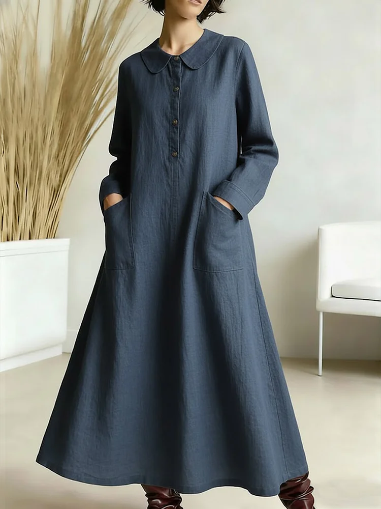 Women's Solid Color Peter Pan Collar Long-sleeved A-line Cotton And Linen Dress socialshop