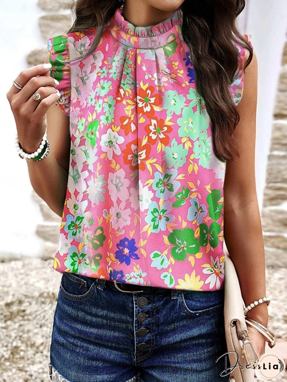 Elegant Pink Floral Ruffle Tank Top