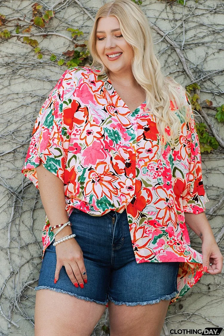 Plus Size Floral V-Neck Half Sleeve Shirt