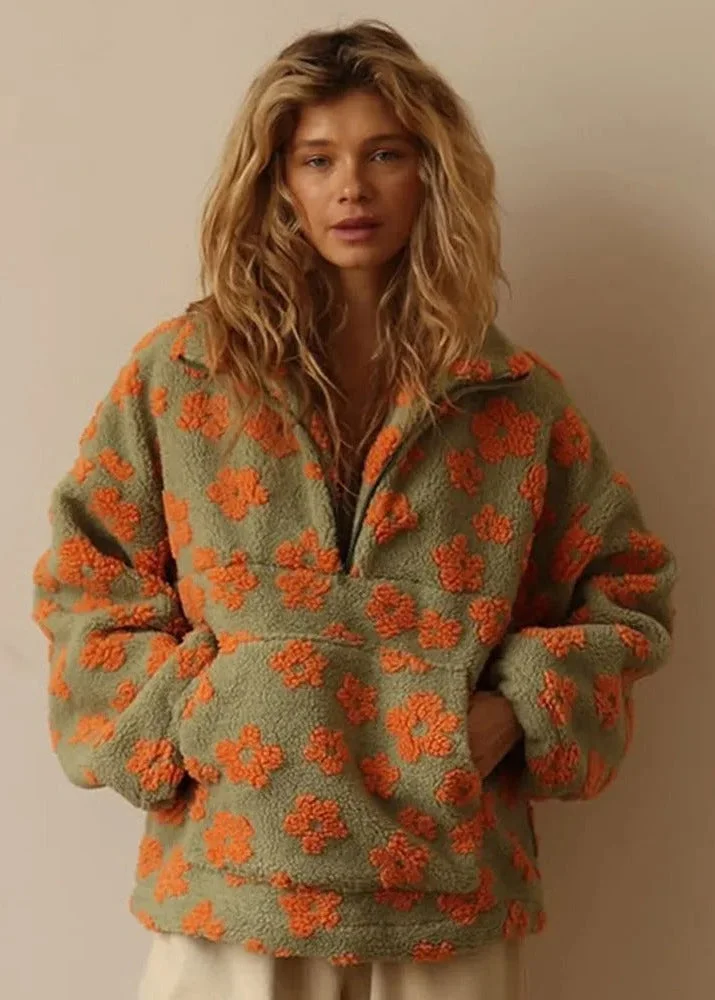 Floral Sherpa Half-Zip Pullover Jacket &ndash; Cozy Oversized Fleece Top