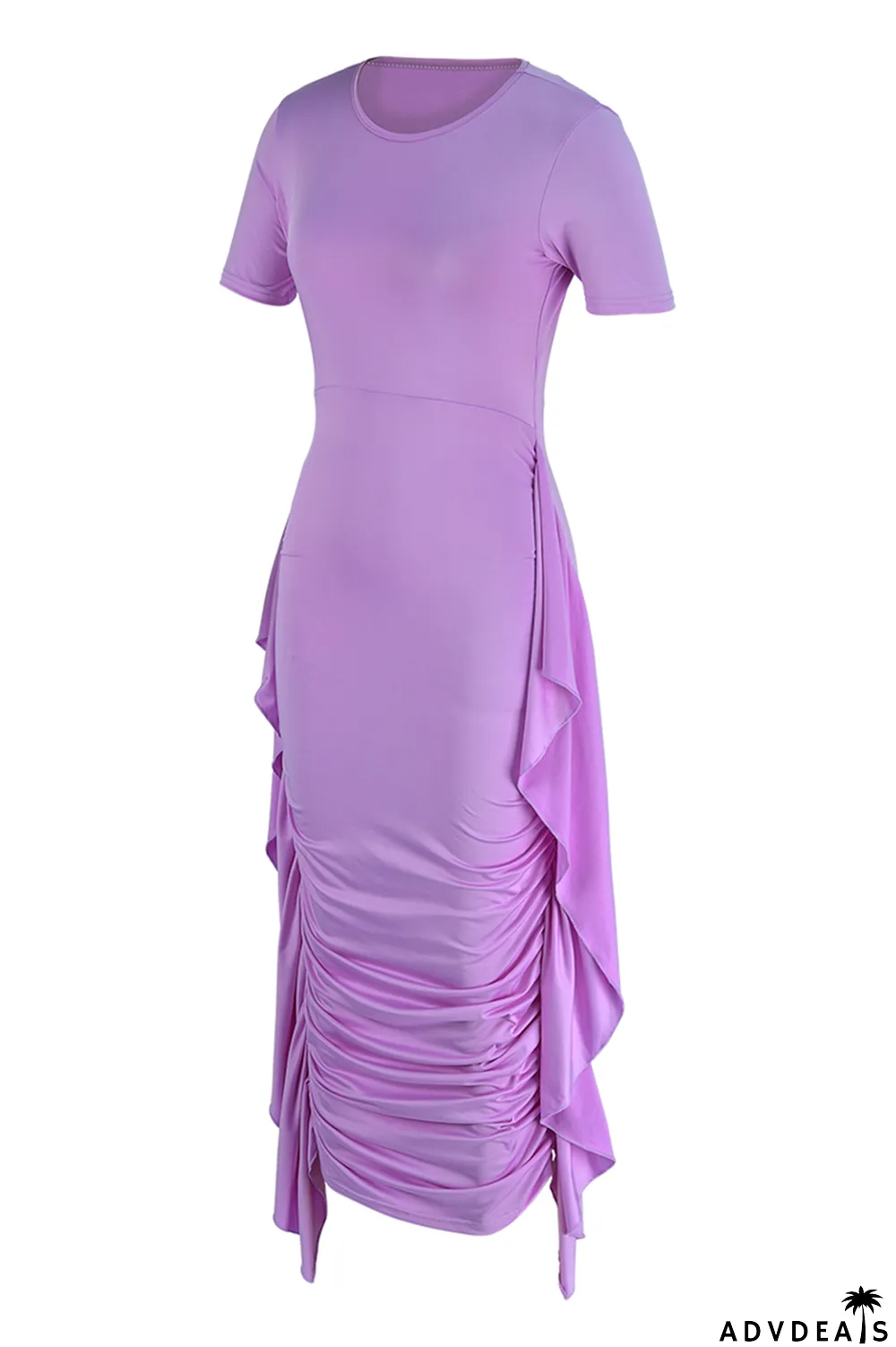 Brown Fashion Solid Flounce Fold O Neck Pencil Skirt Dresses