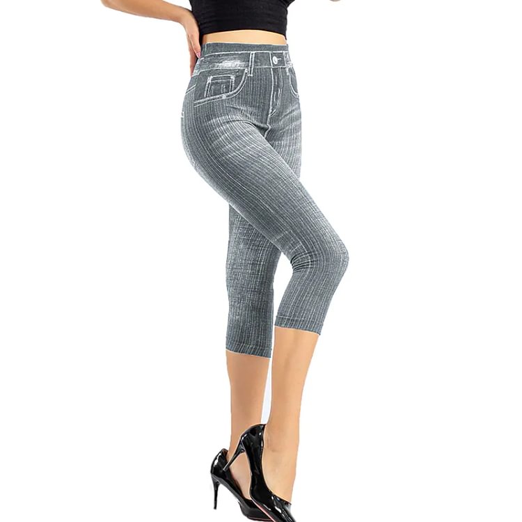 Women's Faux Denim Butt Lift Capri Leggings Jeggings