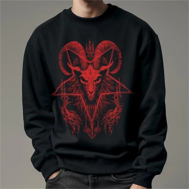 Gothic Red Devil Five-pointed Star Printed Round Neck Sweatshirt Black Unisex