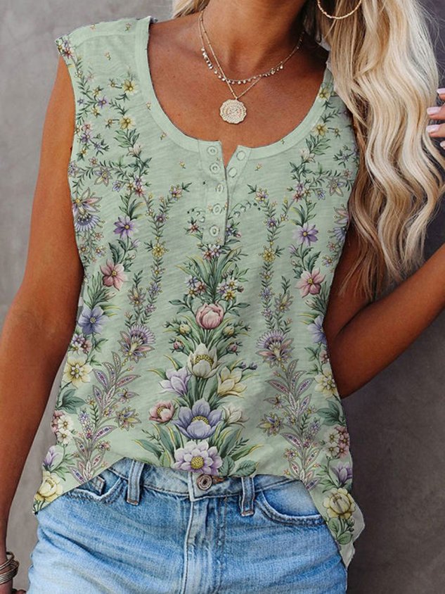 Buttoned Regular Fit Floral SleevelessT-Shirt