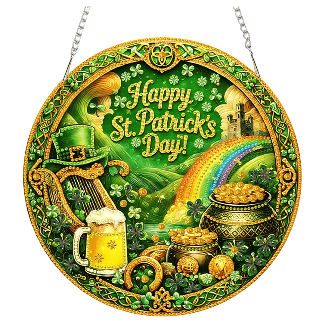 St Patricks Day DIY 2D Flat Acrylic Diamond Painting Kits 5D Diamond Art Painting Window Pendants for Home Garden Wall Decoration